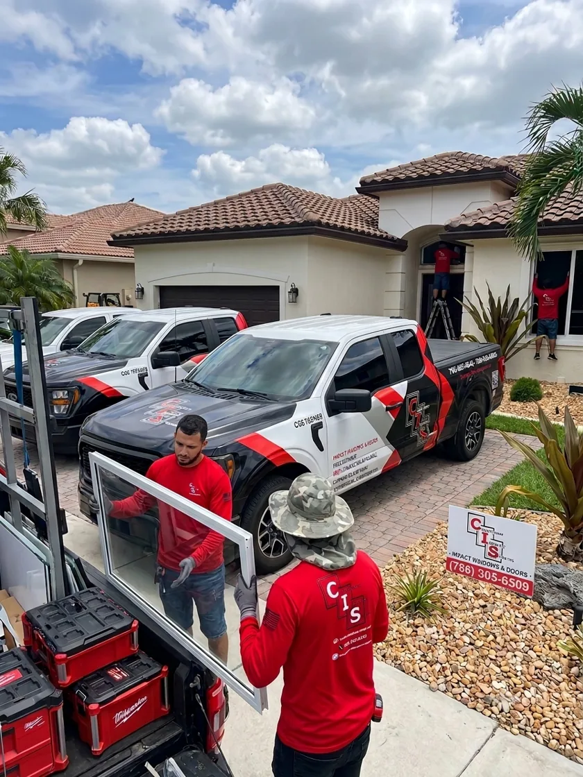 ClearView Impact Systems installers in branded shirts fitting impact windows on a South Florida home, with the company trucks on site